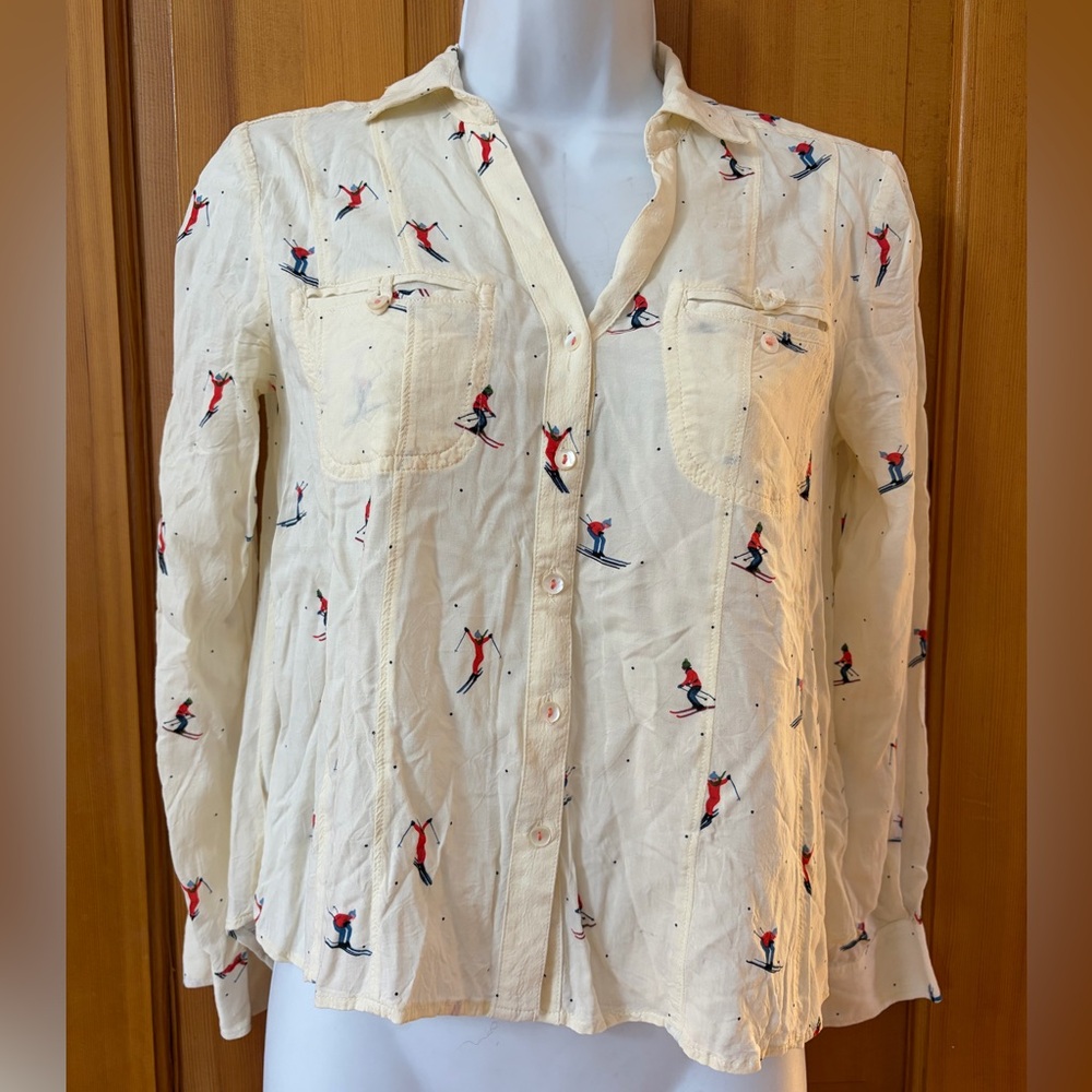 Maeve Cream Button-Down Shirt with Red & Navy Ski Print